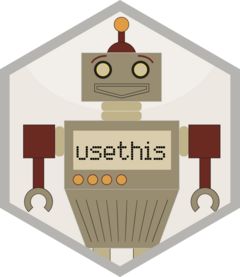 usethis package logo, a cute robot with the text "usethis" on its chest.