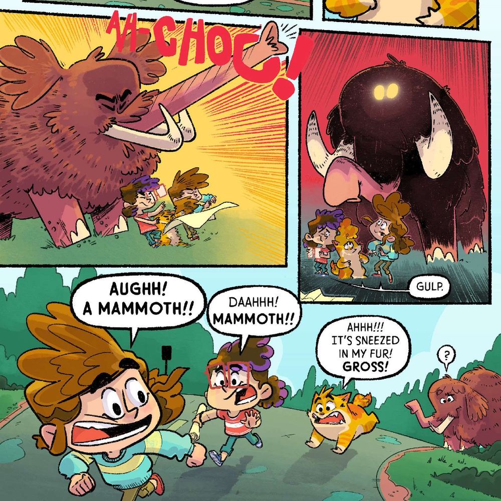 a mammoth sneezes in the first frame of a comic, and beneath it two kids and an animal run away, the closest saying "aughh! a mammoth!!" the middle saying "daahhh! mammoth!!" and the animal saying "ahh!!! it's sneezed in my fur! Gross!"