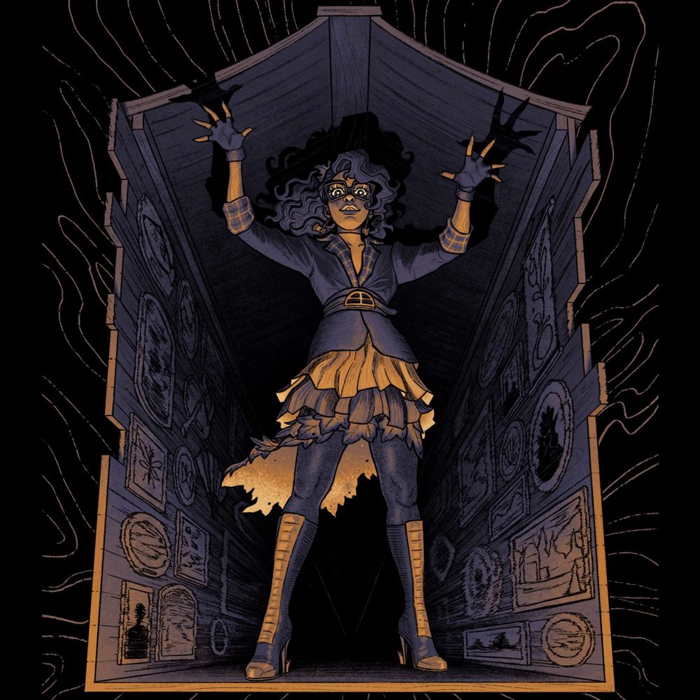 illustration of a character in a box that looks like a hallway with a picture frame gallery on each wall.