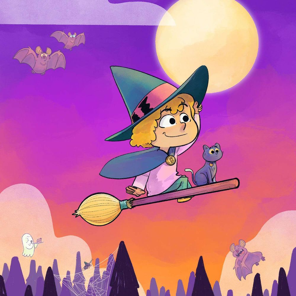 a young witch flies on a broomstick with their cat, a ghost and several bats are in the background