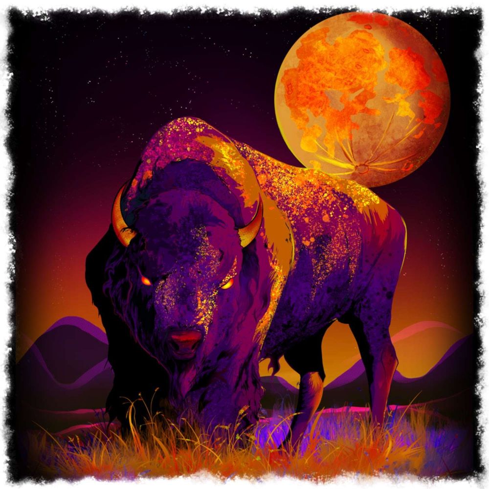 a buffalo stands in front of an orange moon