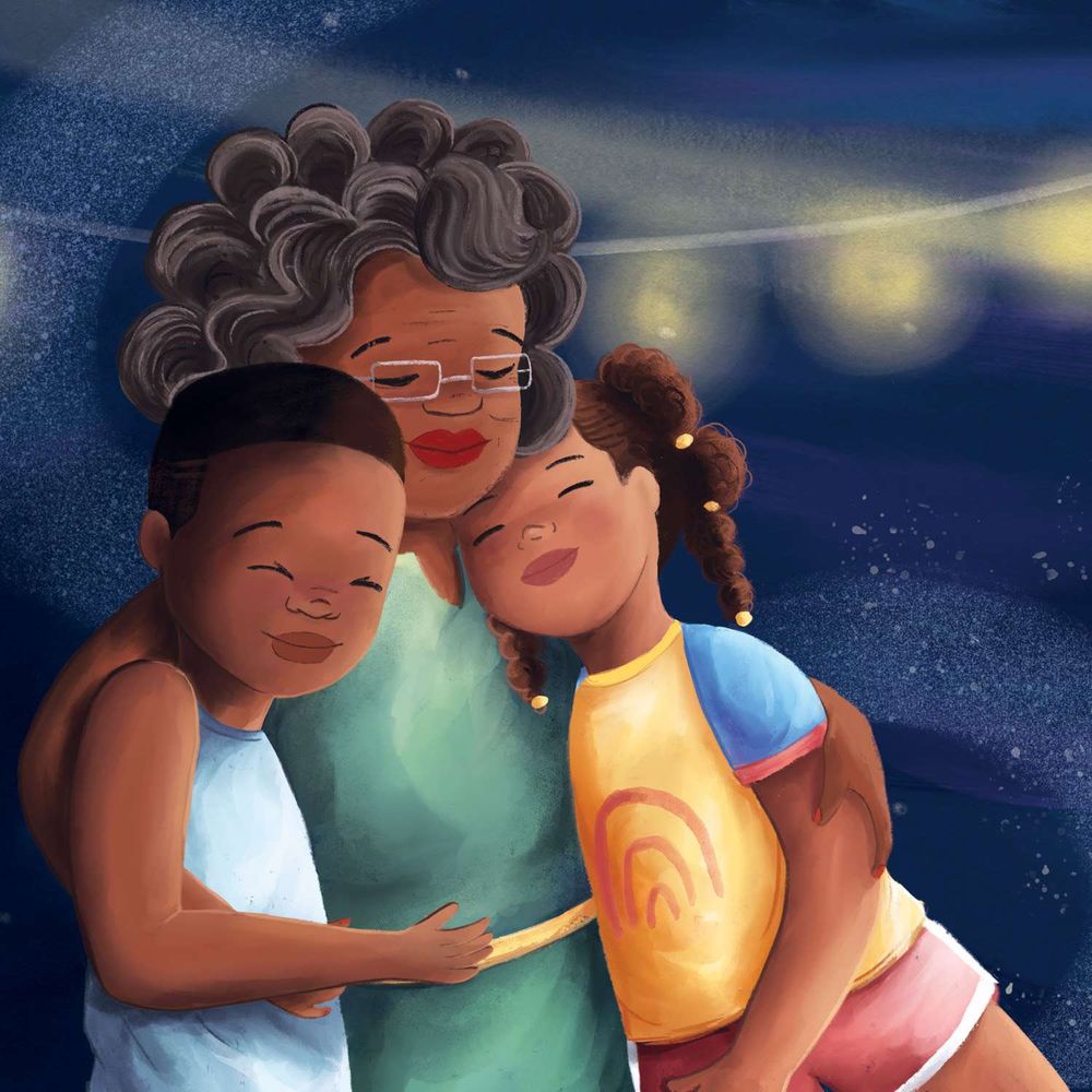 an older Black woman hugs two Black children, they all have content smiles on their faces