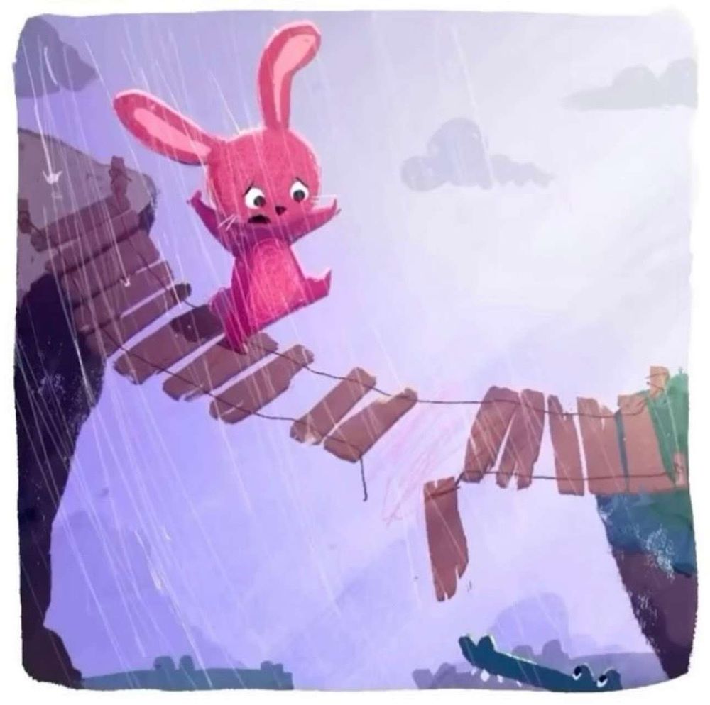 a bunny tries to cross a bridge that wooden panels are falling off of
