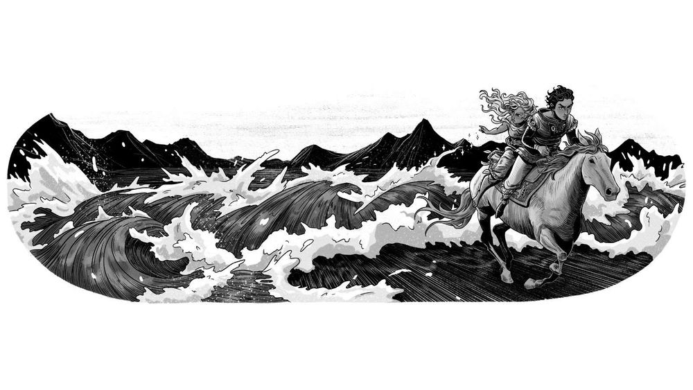 illustration in black and white: two fantasy characters escape crashing waves on horseback