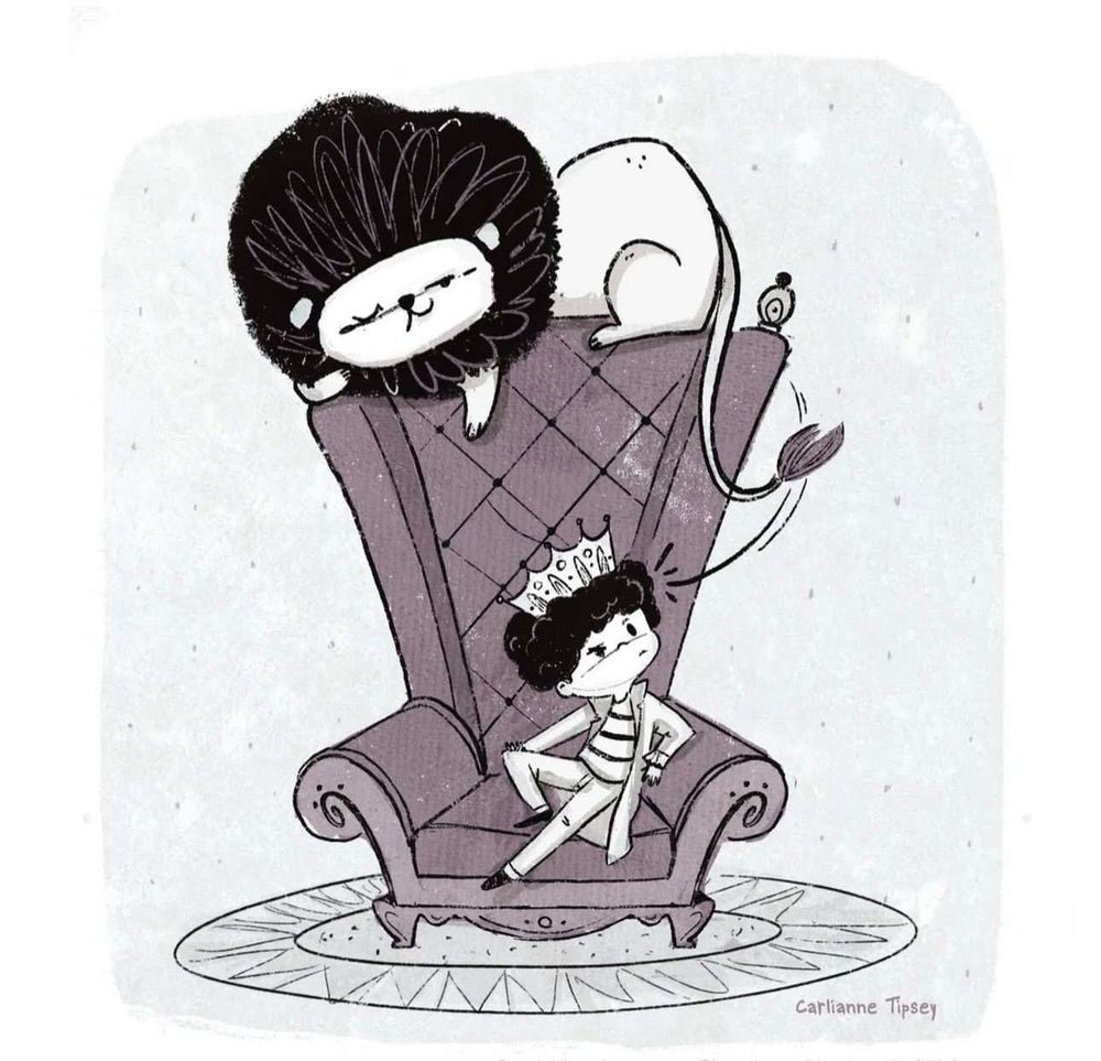 a young child sits in a throne with a crown while a lion lounges on the top of the back of the chair
