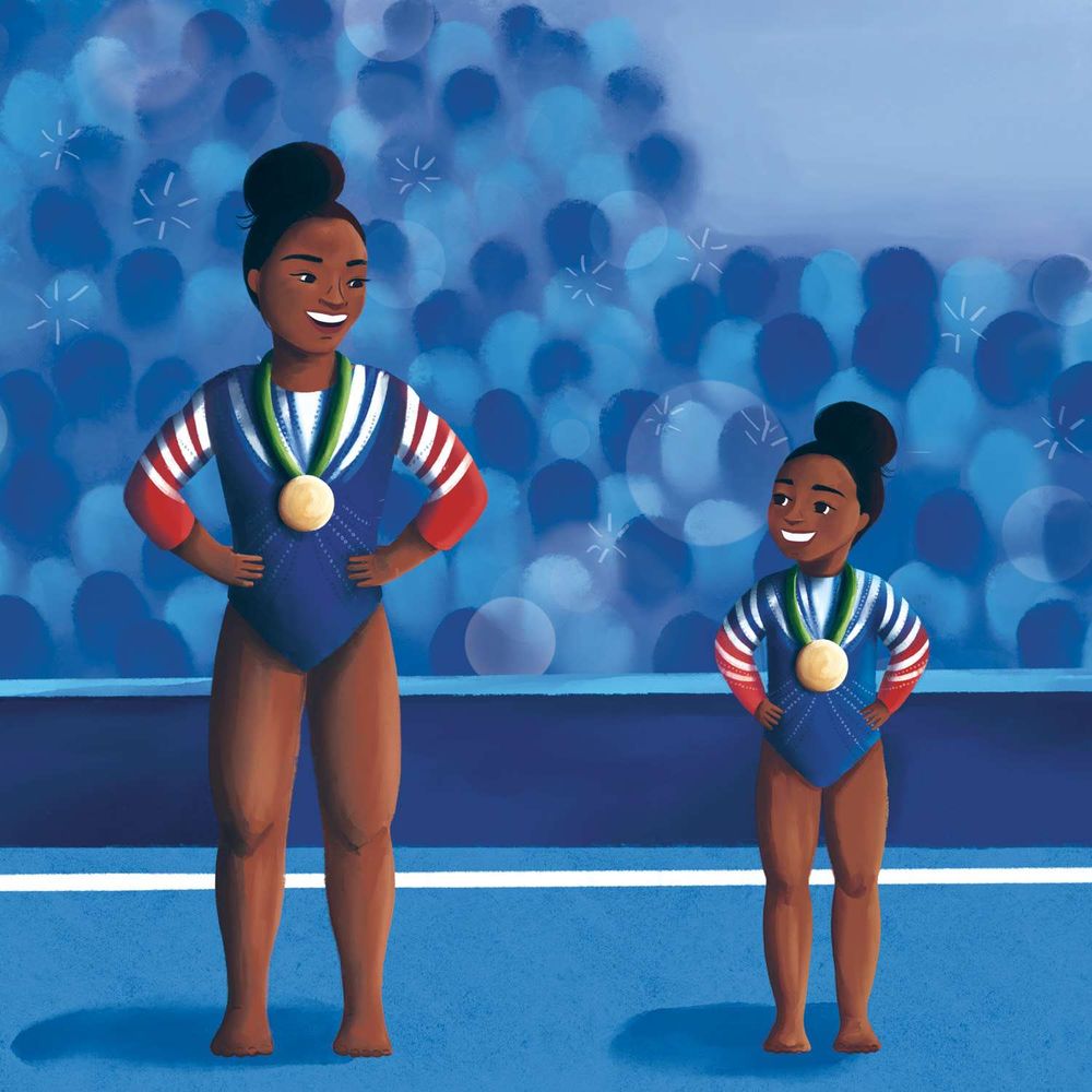 a young Black girl in her gymnastics outfit stands next to an older Black girl, both have medals on