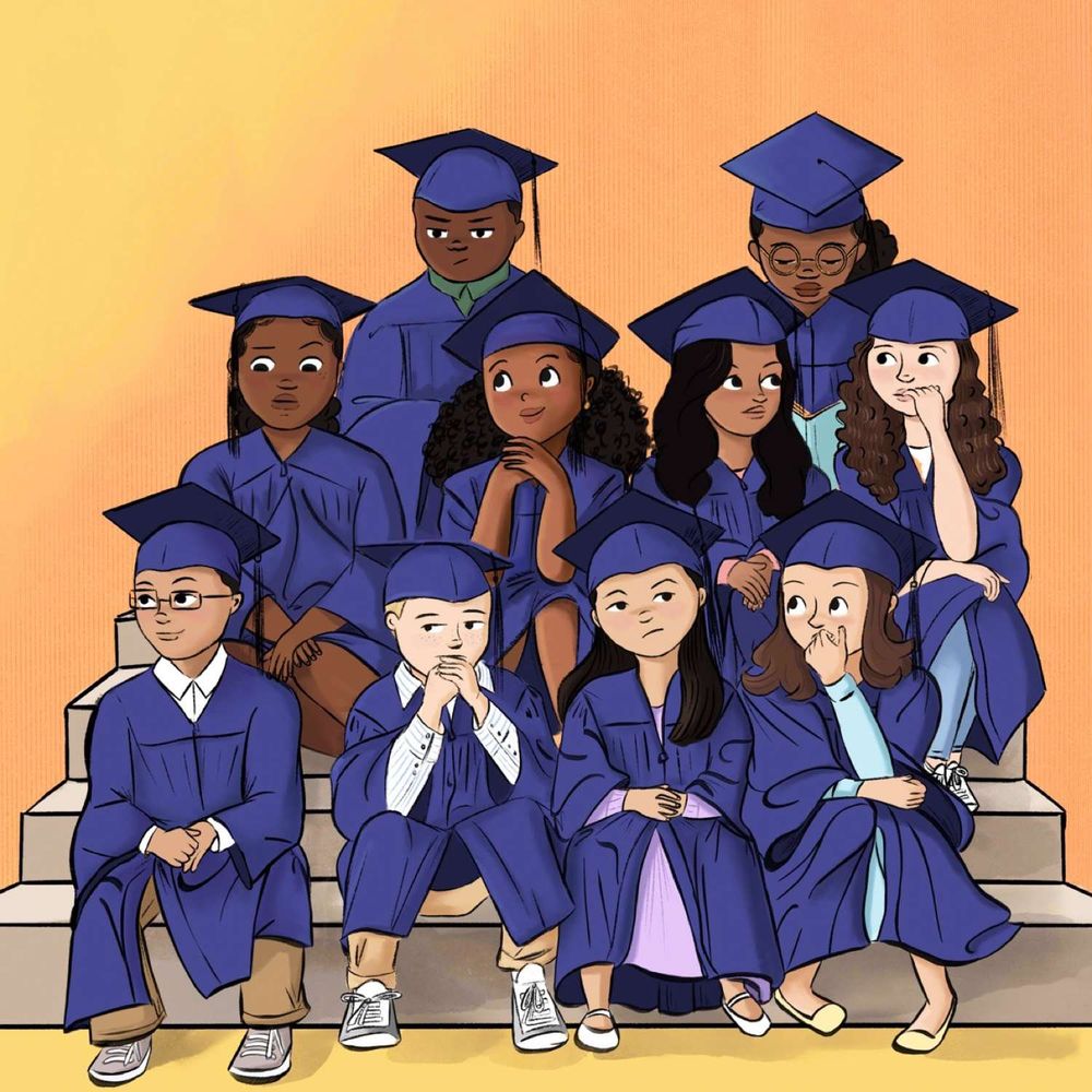a class of 10 kids sit on stairs in their graduation caps and gowns.
