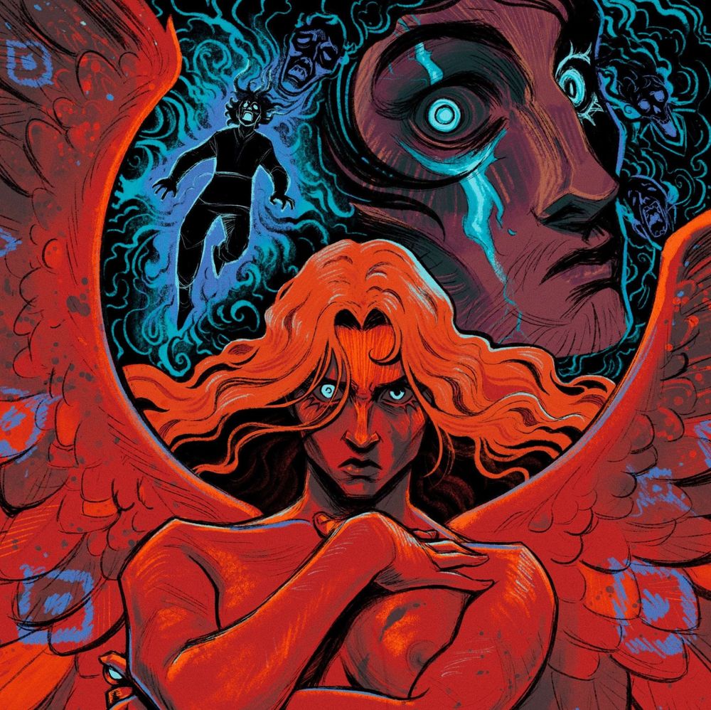 illustration of a character with wings, their skin and hair and wings are all bright red. another characters face is behind them with bright glowing blue eyes