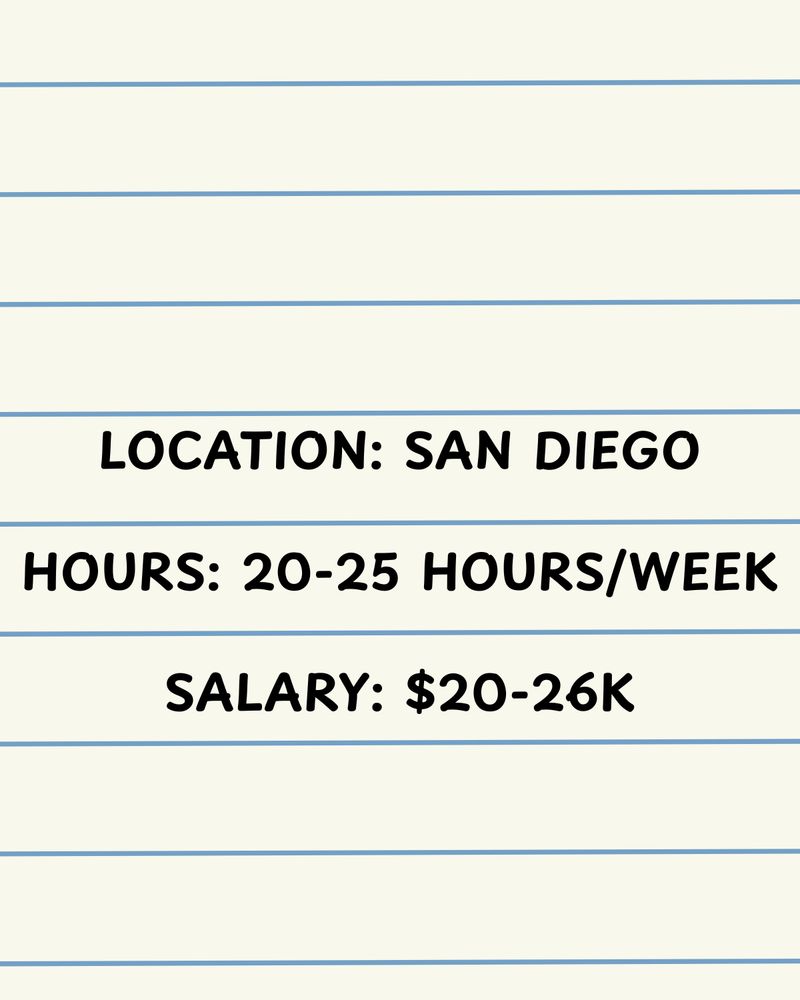 Location: San DIego, Hours: 20-25 hours/week, Salary: $20-26k