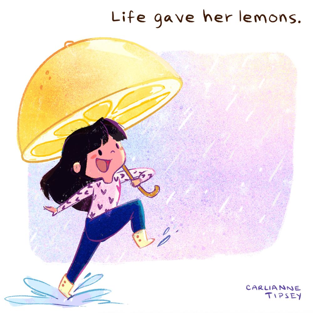 a young girl skips in the rain with an umbrella shaped like a lemon