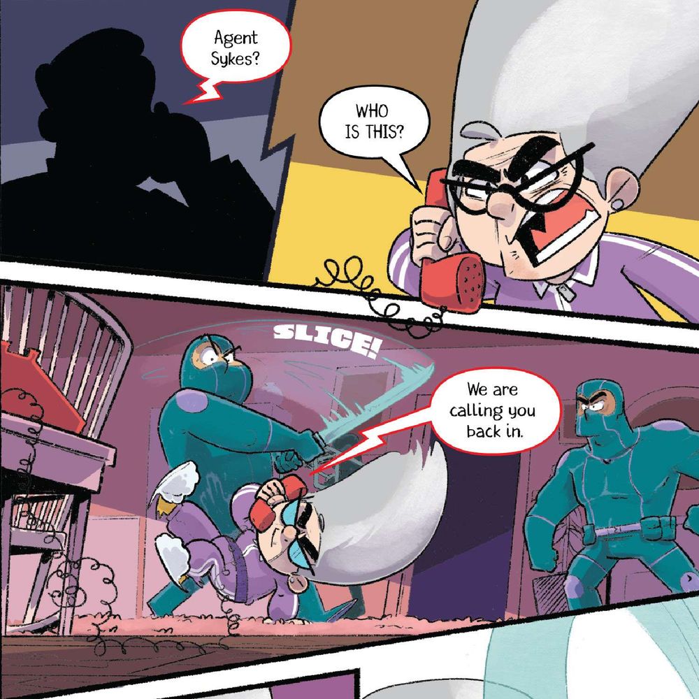 a comic snippet with three panels--the first panel is a shadowy figure asking "agent sykes?" on the phone, the second an older female presenting person saying "WHO IS THIS?" and then the third with two muscular people in teal bodysuits, one trying to swing a sword at the older person, who dodges as the phone says "we are calling you back in"