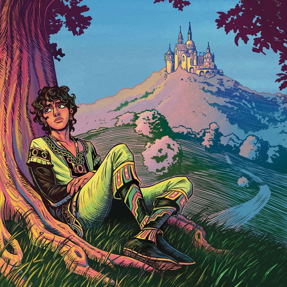 illustration in color, a character clad entirely in green sits beneath a tree with a castle on a hill in the distance