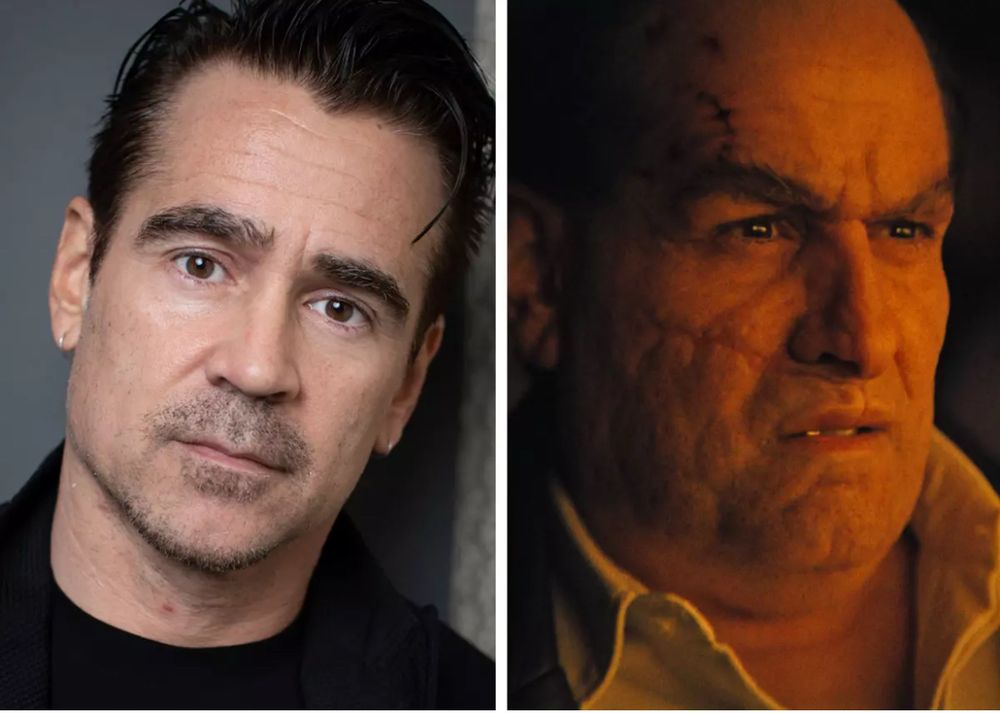 Side-by-side picture of Colin Farrell with the character he plays as the penguin