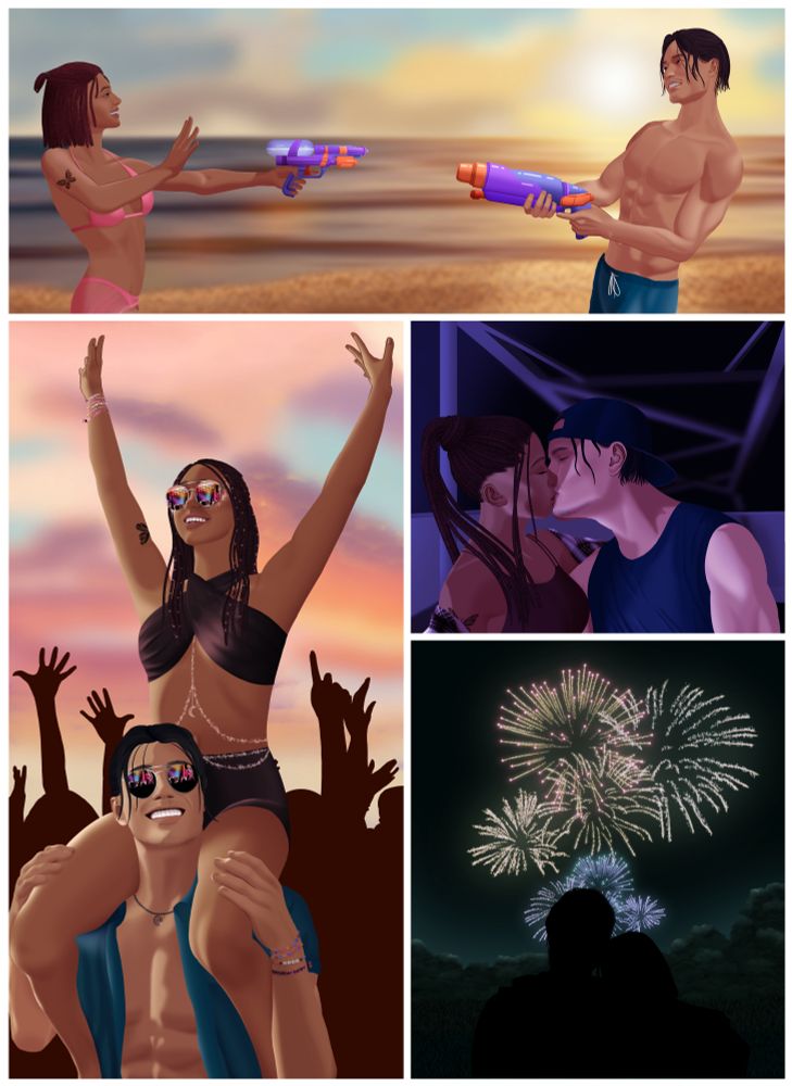 Page of Osha and Qimir having 'Summer Fun' 
Panel 1: Osha and Qimir having a water gun fight on the beach
Panel 2: Osha is sat on Qimirs shoulders at a Music Festival 
Panel 3: Theyre kissing on a ferris wheel
Panel 4: Watching a firework show