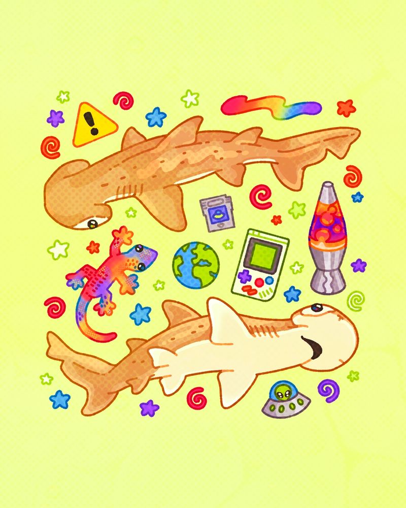 An illustration on a light green background of two tan bonnethead sharks surrounded by nostalgic items, swirls, and stars. There is an old gameboy, a gameboy cartridge, a little earth, a caution sign, a rainbow ink swatch, a lava lamp, a sand filled lizard and an alien ufo. 