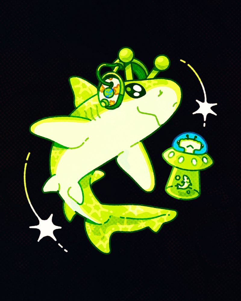 An illustration of a green alien shark wearing headphones on a black background. There are stars surrounding the shark and a small ufo with a alien hammerhead pilot.