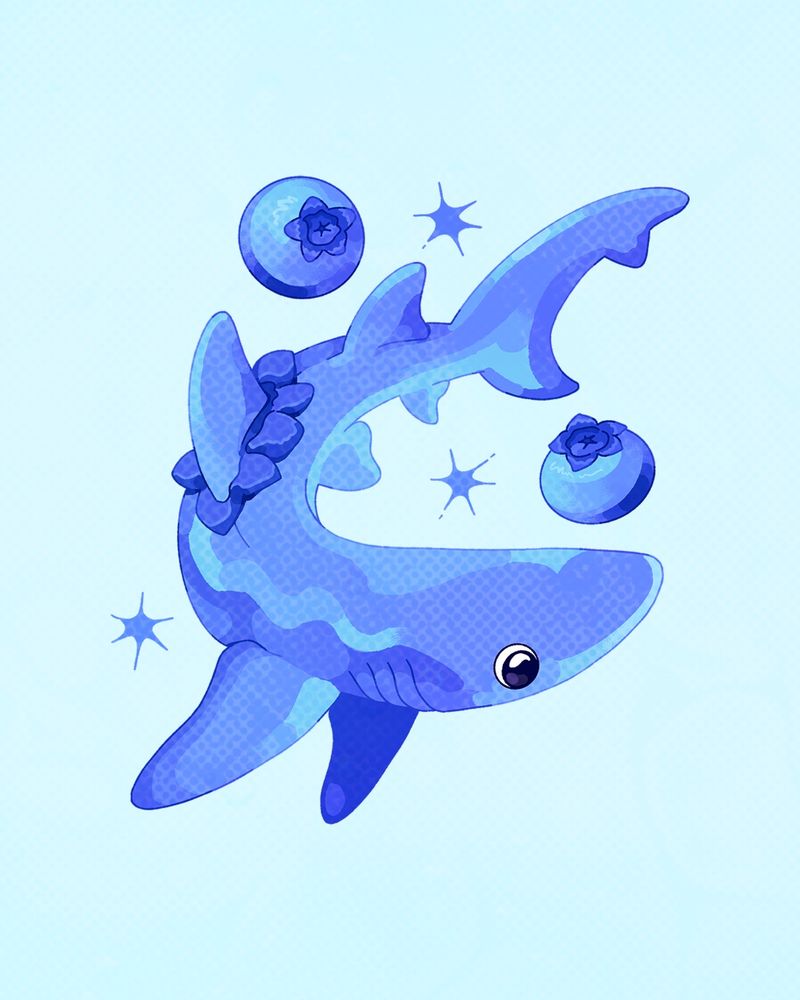 An illustration of a blue shark and blueberries on a light blue background. 