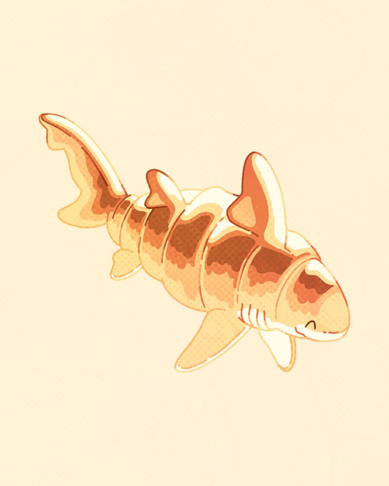 An illustration of a croissant shark. It is on a pale yellow background. 