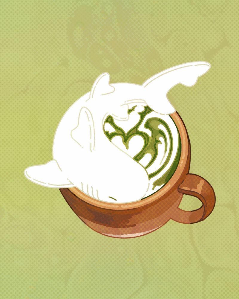 An illustration of a matcha latte with a white foam shark on top of the brown mug. It is on a green background.  
