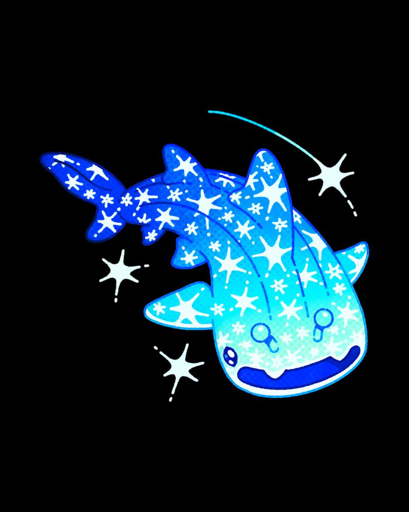 An illustration of an alien whale shark on a black background. There are a few stars surrounding the shark. 