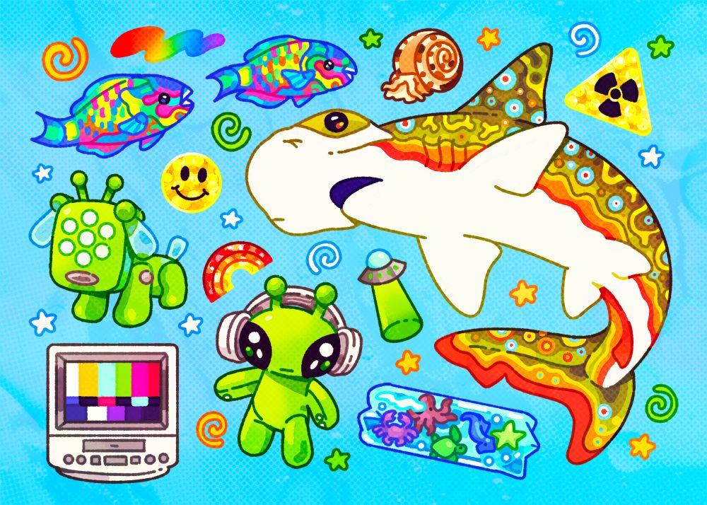 An illustration of a bonnethead shark with the pattern of a freshwater trout. On a light blue background with swirls and stars distributed across the page. There are a few illustrations of two parrotfish, a sea snail, a ufo, a few nostalgic toys like an alien idog, ikea alien plush, squishy sea creature tube, old tv with an error screen, and small glittery stickers of a radioactive sign smiley face and rainbow. 