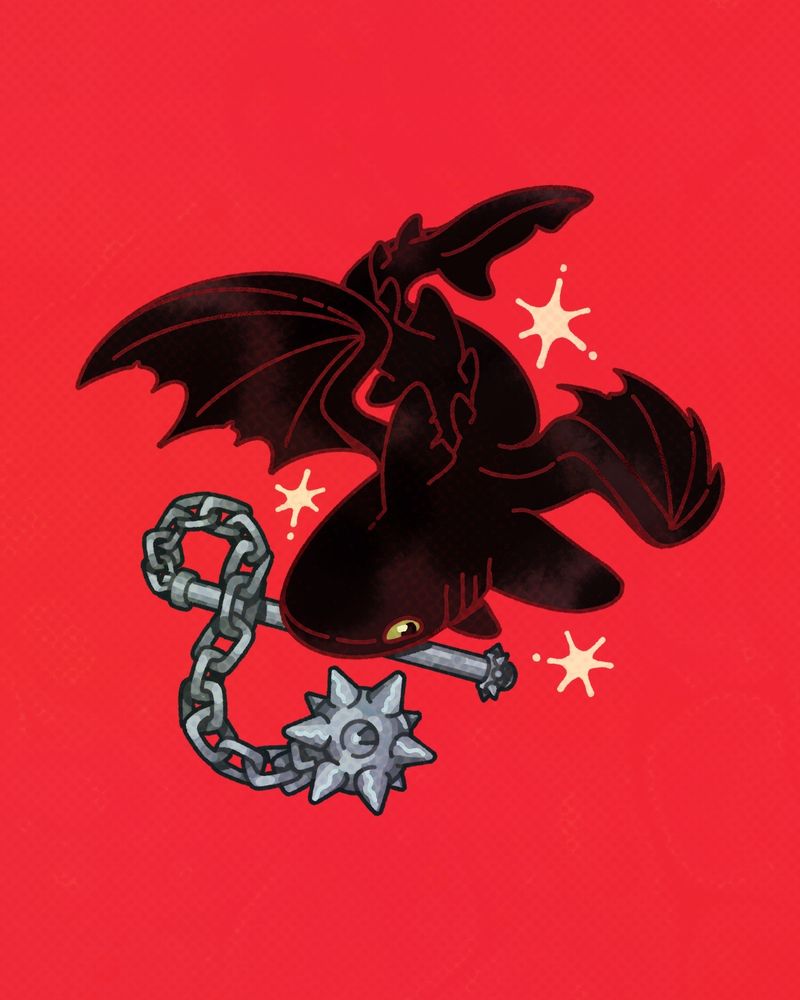 An illustration of a black shark with dragon wings and green eyes. The shark is holding a flail in its mouth. On a red background with white star accents. 