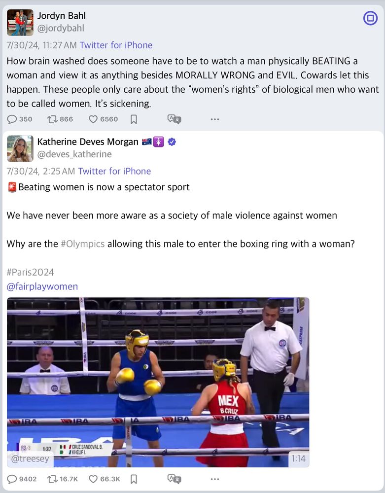 A Bahl tweet in which she say, in reference to a woman Olympian boxer, “ How brain washed does someone have to be to watch a man physically BEATING a woman and view it as anything besides MORALLY WRONG and EVIL. Cowards let this happen. These people only care about the “women’s rights” of biological men who want to be called women. It’s sickening.”