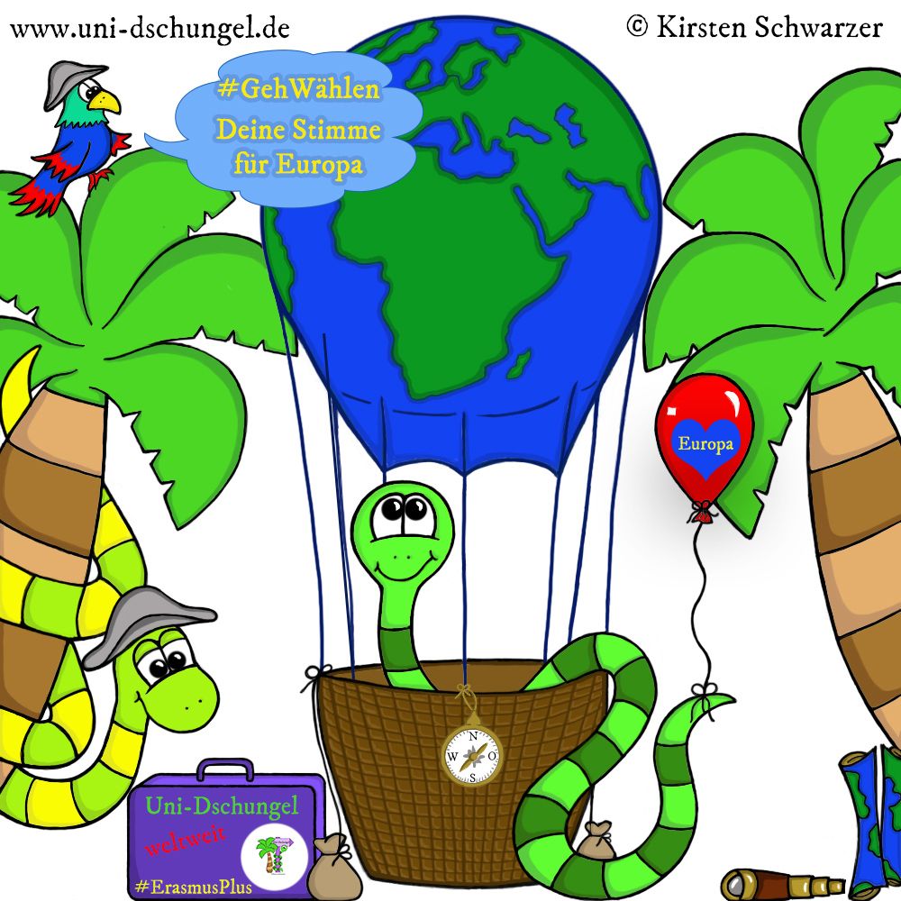 Eine gezeichnete Szene aus dem Uni-Dschungel: Die grün geringelte Uni-Dschungel-Schlange schlängelt sich in einen Heißluftballon, auf dem die Weltkarte zu sehen ist. Am Korb des Heißluftballons hängen vorne ein Kompass und an den Seiten zwei Sandsäcke. Rechts im Bild befinden sich eine Palme und ein roter Luftballon mit einem blauen Herzen, in dem in gelben Buchstaben Europa geschrieben steht. Vor der Palme liegt ein Fernrohr mit zwei zusammengerollten Karten. Links im Bild steht eine weitere Palme, um die sich eine gelb-grün geringelte Schlange mit Hut schlängelt. Vor ihr steht ein lila Koffer mit einem Uni-Dschungel-Aufkleber und den Aufschriften „weltweit“ und „#ErasmusPlus“. In den Blättern der Palme sitzt ein bunter Papagei mit Hut und einer Sprechblase mit den Worten „#GehWählen Deine Stimme für Europa“.