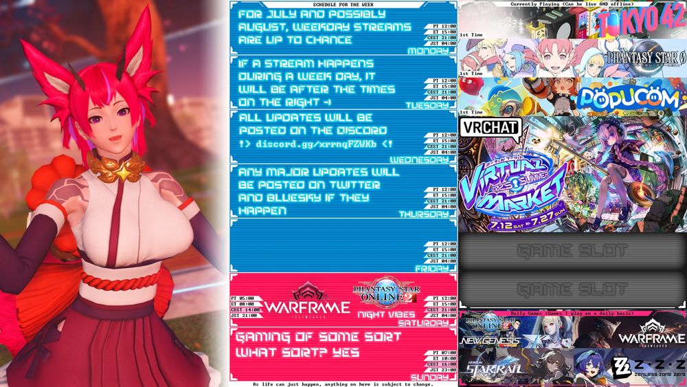 For July and possibly August, weekday streams are up to chance!

If a stream happens during a week day, it will be after 9PM CEST (12PM PT/3PM ET/4AM JST)

All updates will be posted on the Discord!
!> discord.gg/xrrnqFZWKb <!

Any major updates will be posted on Twitter and Bluesky if they happen!