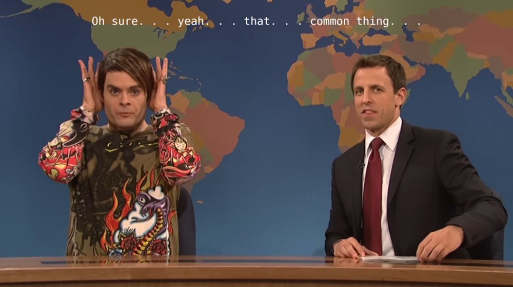 Seth Meyers, resigned to Stefan's nonsense, says: "Oh sure...yeah...that...common thing..."