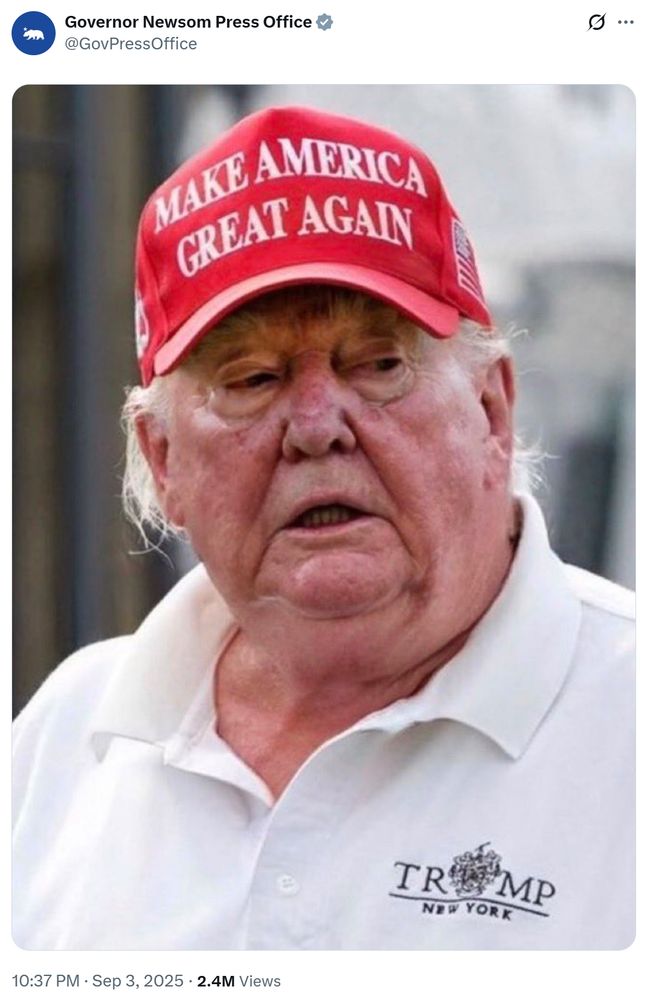 Gavin Newsom's Press Office Twitter account post featuring an AI-altered image of a fat, sick Donald Trump.