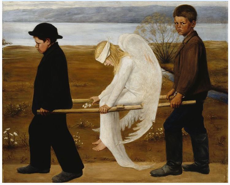 Had an interesting conversation on how to evaluate pain in dementia. Does evaluation of pain require spoken language? During anestesia we look at blood pressure and pulse We have PAINAD meter which detects uneasiness. But the key is observing. You might see uneasiness, ackward muscle tension or protective ways to move. 
This is The Wounded Angel by Hugo Simberg, it is possible to see the nonspoken suffering.