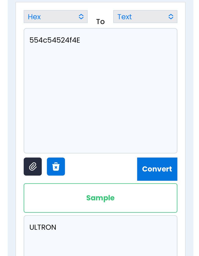 An image of an online hexadecimal to text converter converting a string of numbers and letters into the text “ULTRON” 