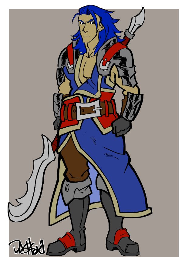 River a heroic mortal from the Tarpan wastes. Drawn for friends tabletop Exalted game. He's of large build, blue hair  and wears light armor over a pale blue coat. wields large spear.