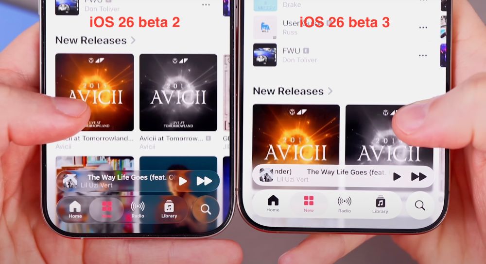 Image showing iOS 25 beta 2 compared to beta3. Notable more clear tab bar.  