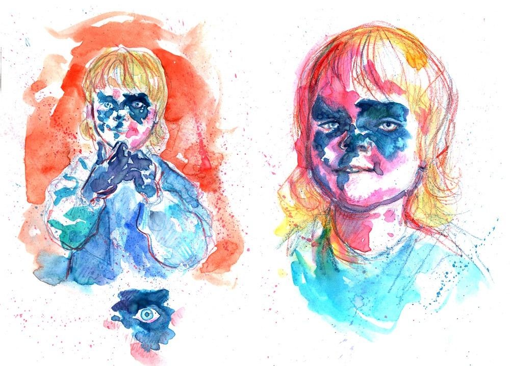watercolour/pencil sketches of a toddler with dark blue paint smeared over her eyes, looking very like the lead singer from ghost