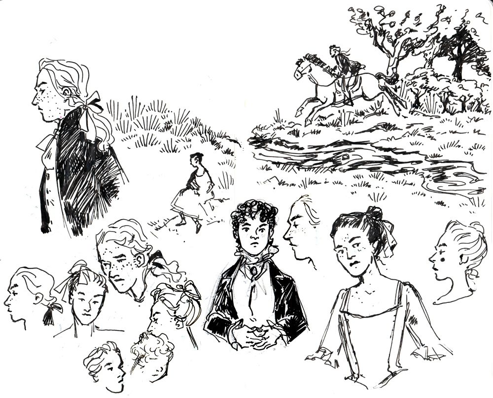 various ink sketches of characters in 18th century clothing (aiming for the 1770s) plus one sketch of a rider on horseback coming out of the woods. sensing a horse theme here