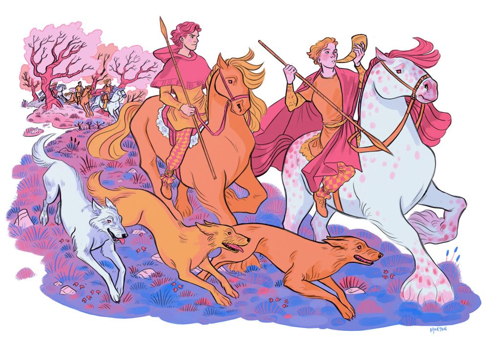 gwalchmai ap gwyar leading a hunt on horseback, another horseman follows behind him and three dogs run alongside. in the background are more riders emerging from a forest