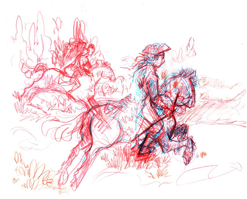 two riders on horseback riding away from the viewer over the countryside, colour pencil sketch