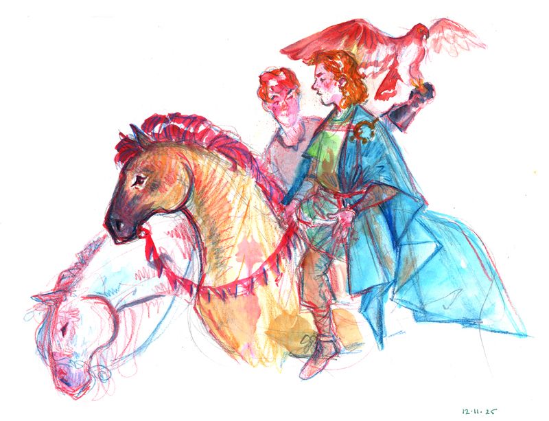 Two lads riding horses, one has a falcon on his wrist.