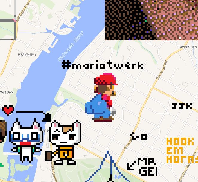 Website screenshot of wplace.live. It features pixel art of Mario with a disproportionately large butt, posed as he is twerking, or shaking his butt. The text above him reads "#mariotwerk".