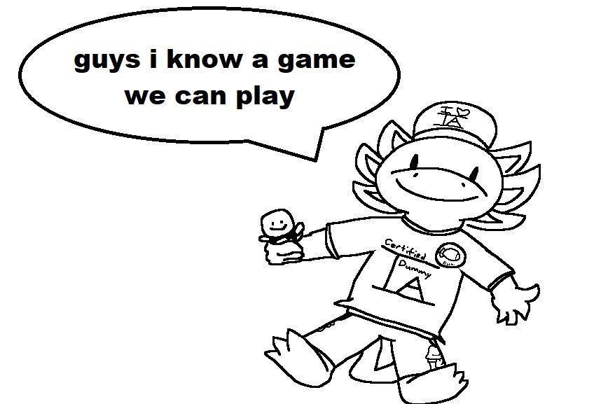 Axor, wearing all the Roblox game "Item Asylum" merchandise, such as, the "I HEART IA" cap, a "Combat Dummy" shirt, an "Uncertified" pants, bobm item with "Run." pin, and a Combat Dummy plush on his hand. A speech bubble reads: "guys i know a game we can play".