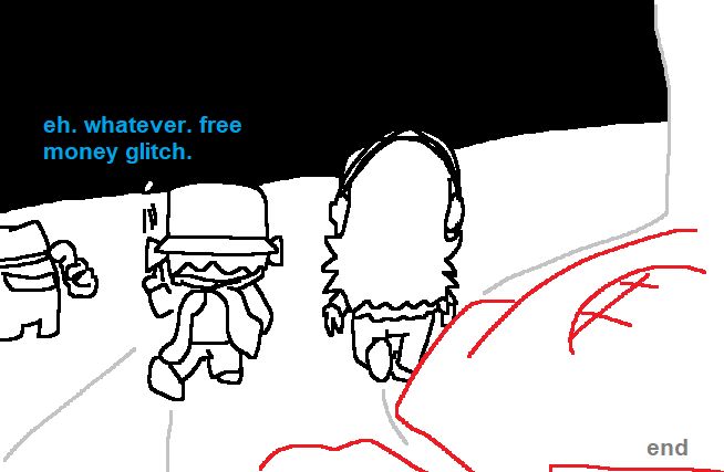 Boyfriend picked it up, and kept flicking it up as he and his Girlfriend walks away. Red is seem hurt in the corner. Detective Black is on the left side, scratching his head, wondering what happened.
Boyfriend: "eh. whatever. free money glitch."

end