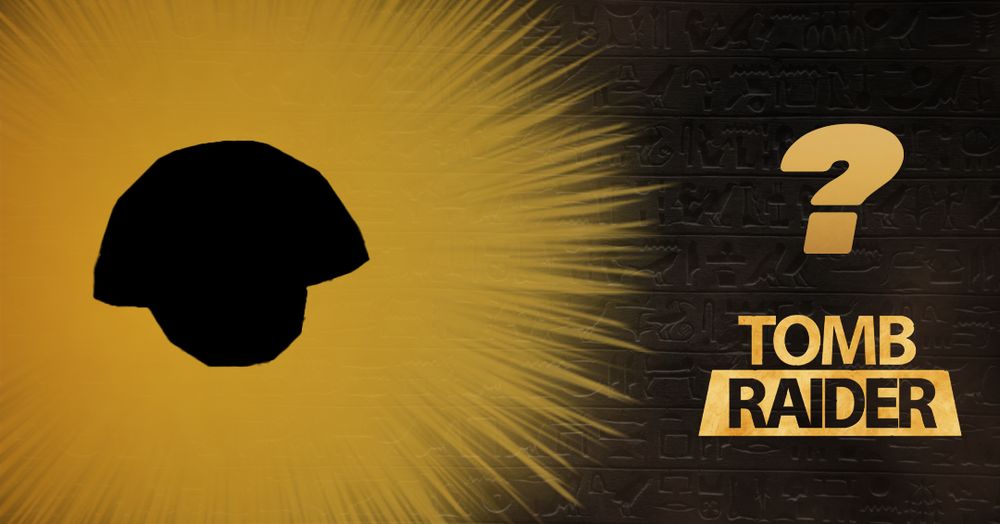 Dark silhouette of an unidentifiable object inside a golden burst on the left; on the right, a dark panel with carved symbols, a large gold question mark, and the TOMB RAIDER logo. The layout reads as a guessing challenge with strong light–shadow contrast.
