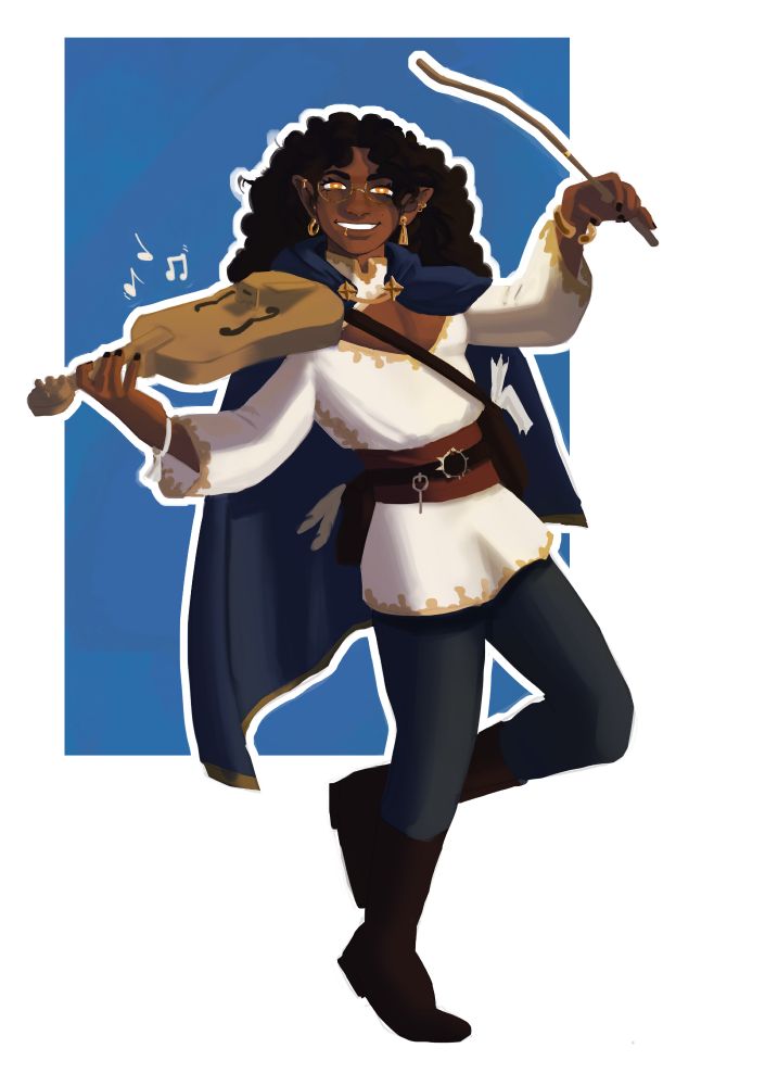artwork of a half-elf  with brown skin, blue cape,white tunic,blue,pants,brown boots playing a viole.
the background is white with blue rectangle where we can see the bigger silhouette of the character in white