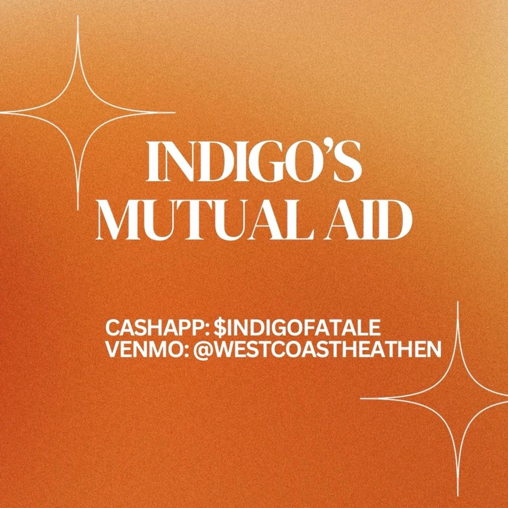 An orange gradient background graphic with white decorative star-like lines. The text reads: "INDIGO'S MUTUAL AID" in large capital letters. Below it, donation information is listed: "CashApp: $INDIGOFATALE" and "Venmo: @WESTCOASTHEATHEN".