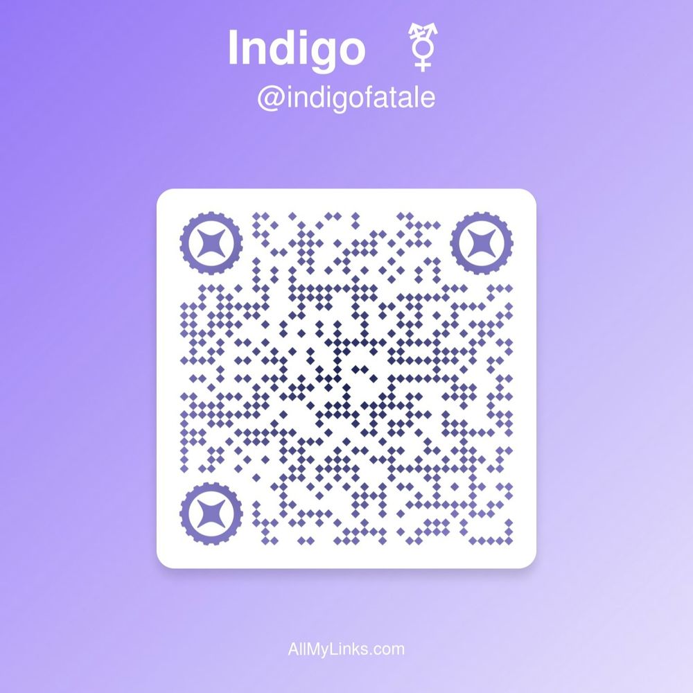 A digital graphic with a purple gradient background featuring a QR code in the center. Above the code, the text reads "Indigo ⚧ @indigofatale" in white font. At the bottom of the image, "AllMyLinks.com" is displayed.
