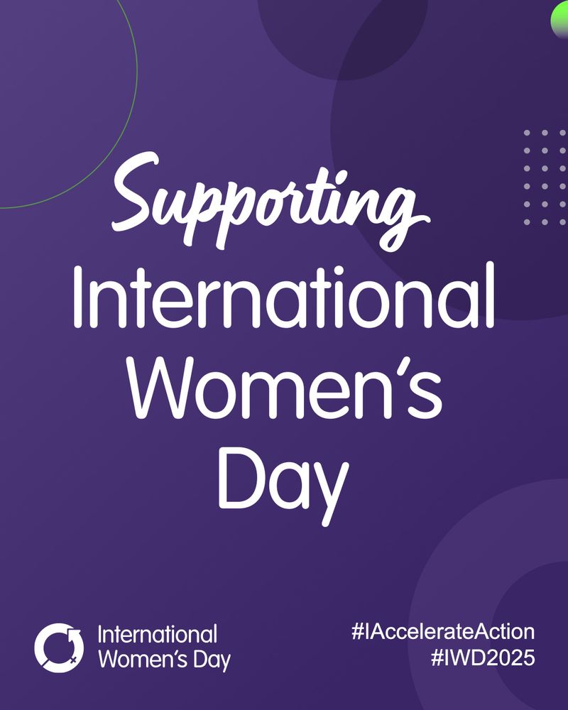 White- stylised text on purple background for International Women's Day