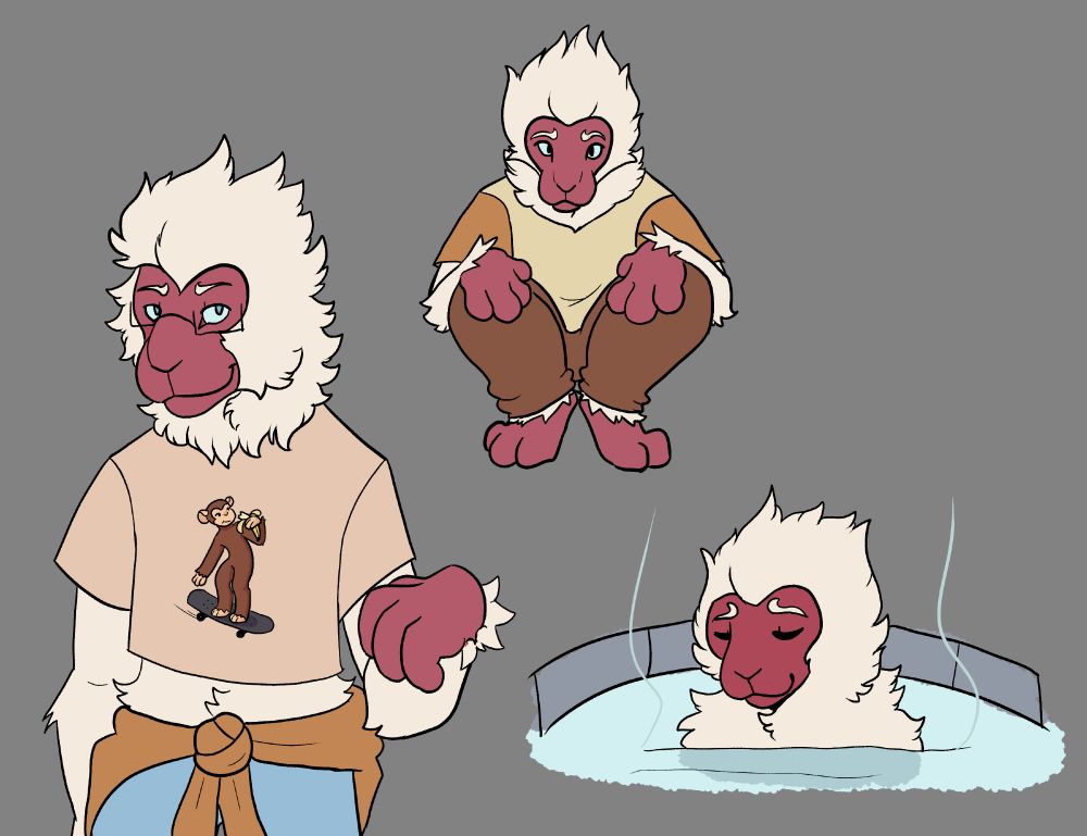  drawings 3 of a Japanese macaque furry, one in the fore ground, one sitting, and one vibing in a hot spring