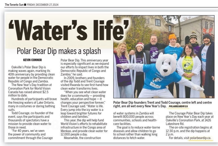 Thank you to The Toronto Sun for the article in today's newspaper on tge 40th Anniversary of the largest Polar Bear Dip for charity in Canada. 

All welcome to be a participant or a spectator at the Courage Polar Bear Dip New Year's Day 2025 12:30pm-3pm at Coronation Park in Oakville, Ontario. 

Register and/or donate online at PolarBearDip.ca 

#PolarBearDip #Oakville #HappyNewYear